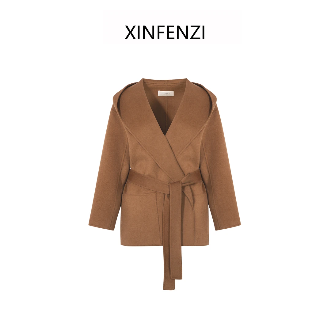 【织雅】XINFENZI 羊绒羊毛连帽大衣外套 35755