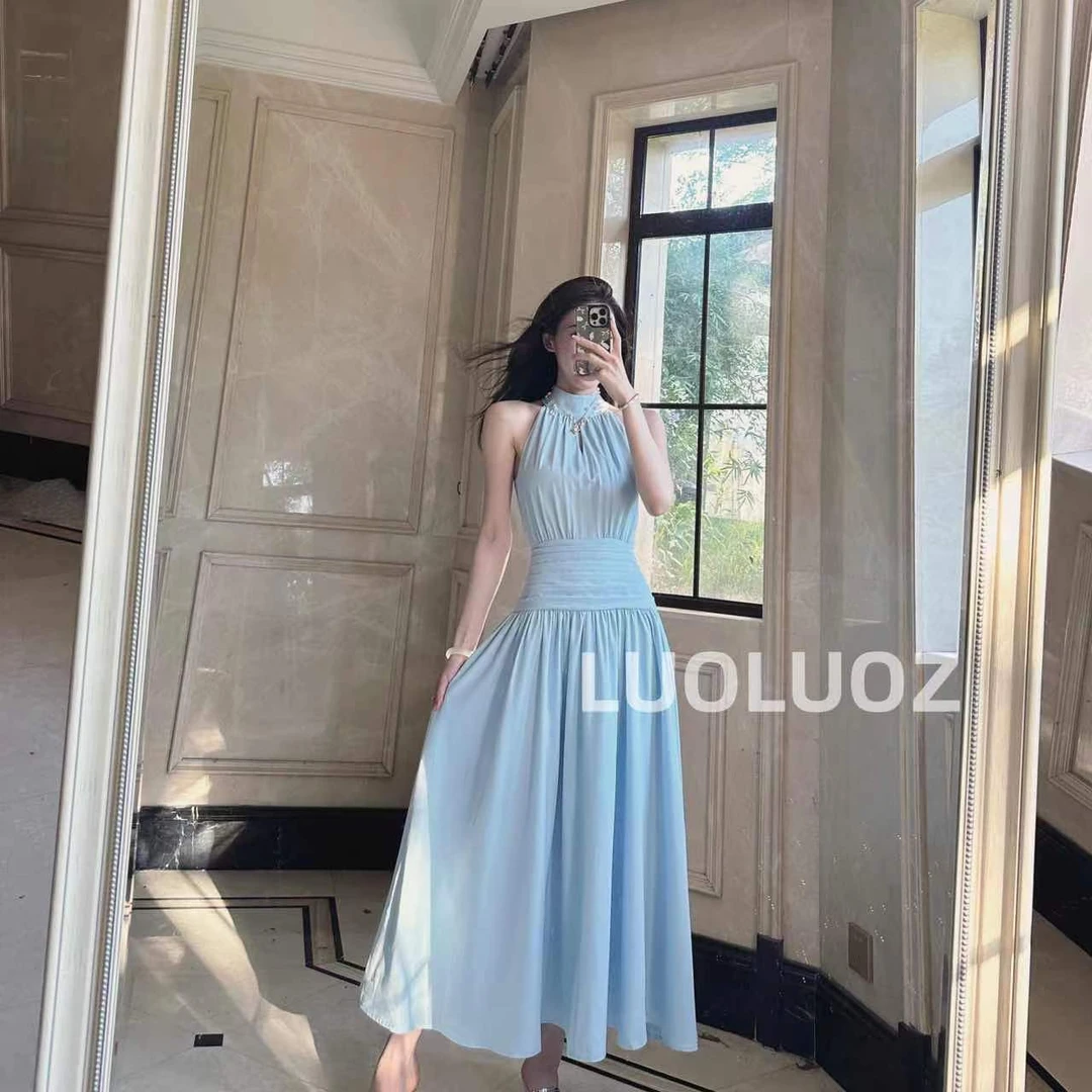 【现货】LUOLUOZ【雾云浅夏】绝美挂脖设计感收腰长款连衣裙