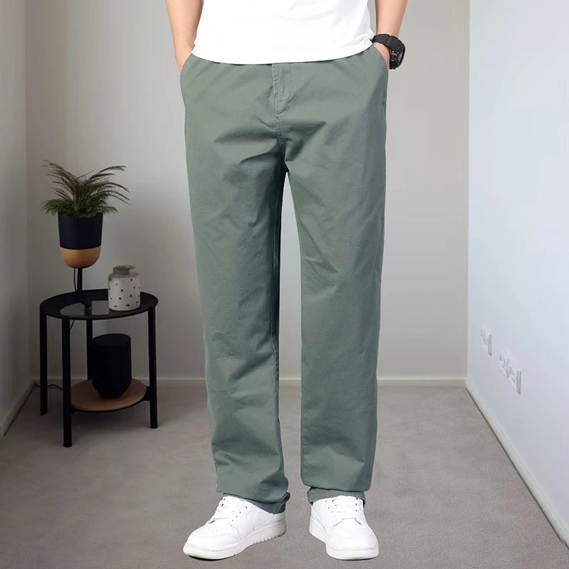 春秋款纯棉弹力男士休闲裤宽松裤子松紧腰中老年百搭大码直筒长裤