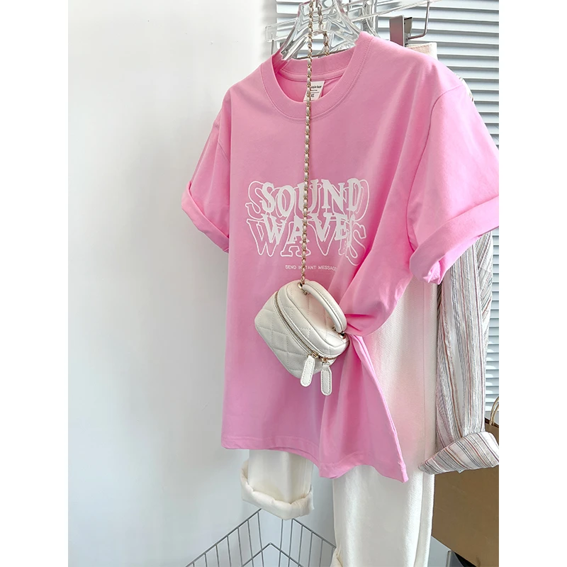 奶呼呼粉色印花纯棉圆领短袖t恤女上衣2025夏新款宽松显瘦韩系T恤