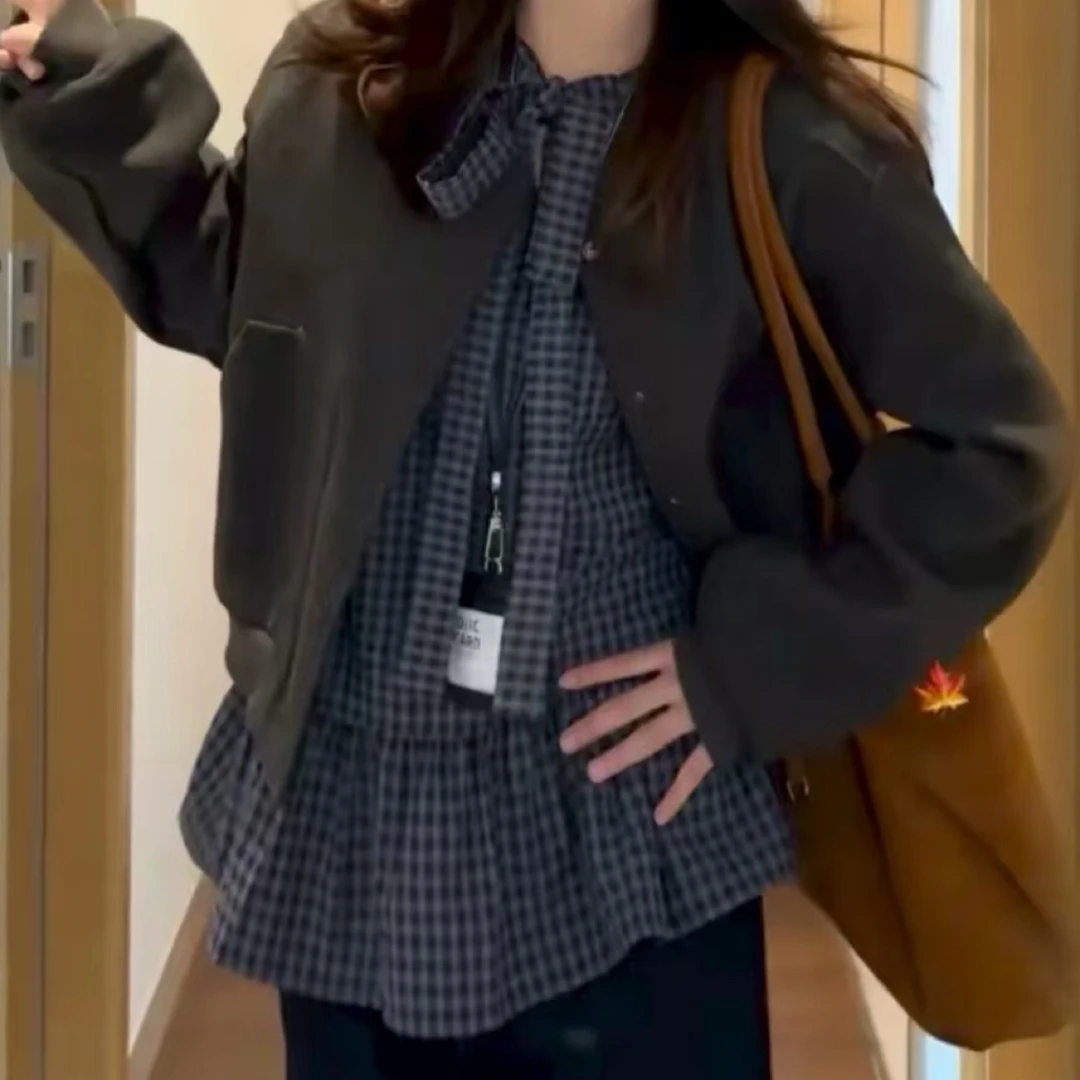 【胖胖卿】超韩系格子衬衣+毛呢外套