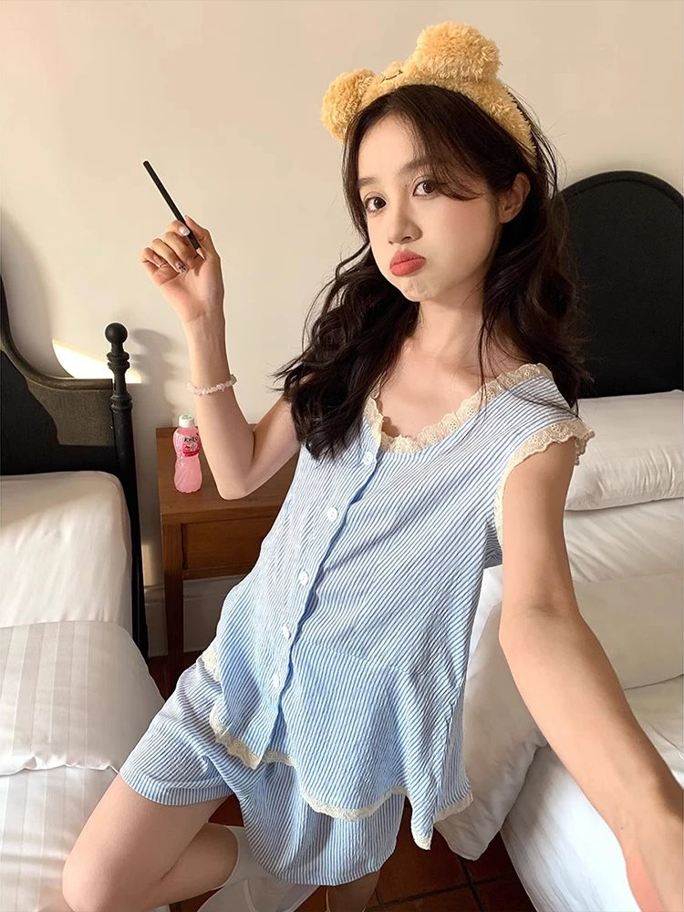 蕾丝边条纹无袖睡衣女夏季薄款舒适透气休闲背心可外穿家居服套装