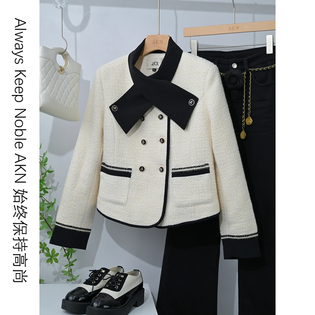 艾珂妮8166【小香风夹棉外套】粗花呢飘带领 织带镶边小香风外套