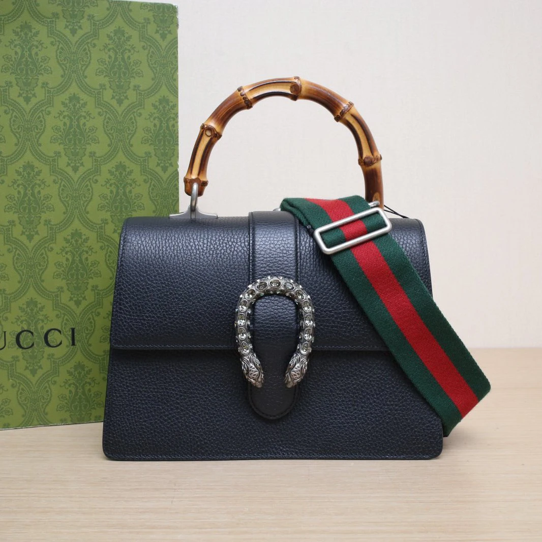 99新 GUCCI/古驰 【娇活动】酒神竹节手柄 27黑色皮革C钻扣889372