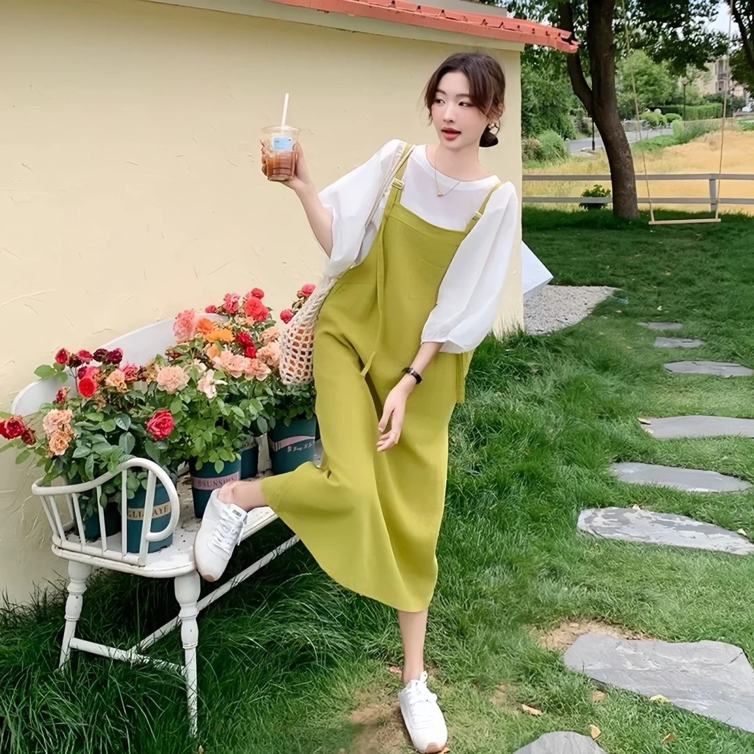 大码爆款胖夏季新款时尚清纯休闲氛围感连衣裙显瘦背带裙两件套