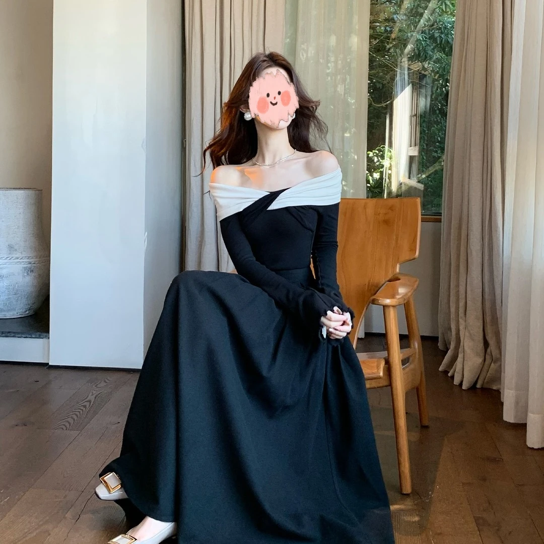 【黑白奢影】秋冬小众气质赫本风法式上衣小黑裙时尚套装