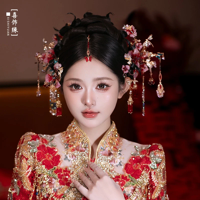 秋冬新款红色水凝胶花朵甜美减龄中式婚礼新娘结婚秀禾饰品HZ1302