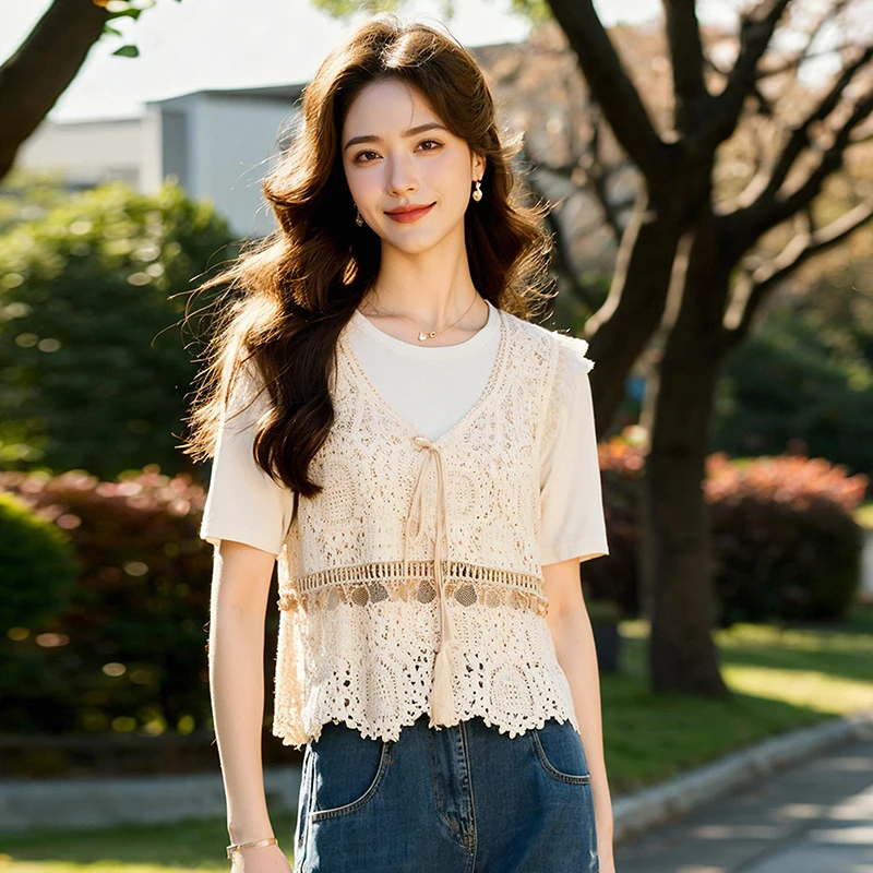 奢姿大码女装2025夏季新款胖妹妹减龄镂空蕾丝上衣两件套时尚T恤