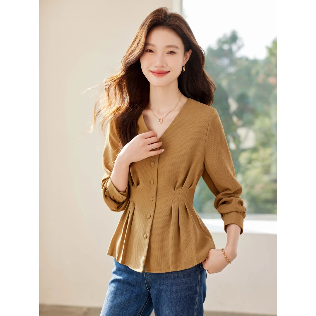 精致感腰部压褶设计上衣2025年春秋季新款收腰显瘦女款衬衫