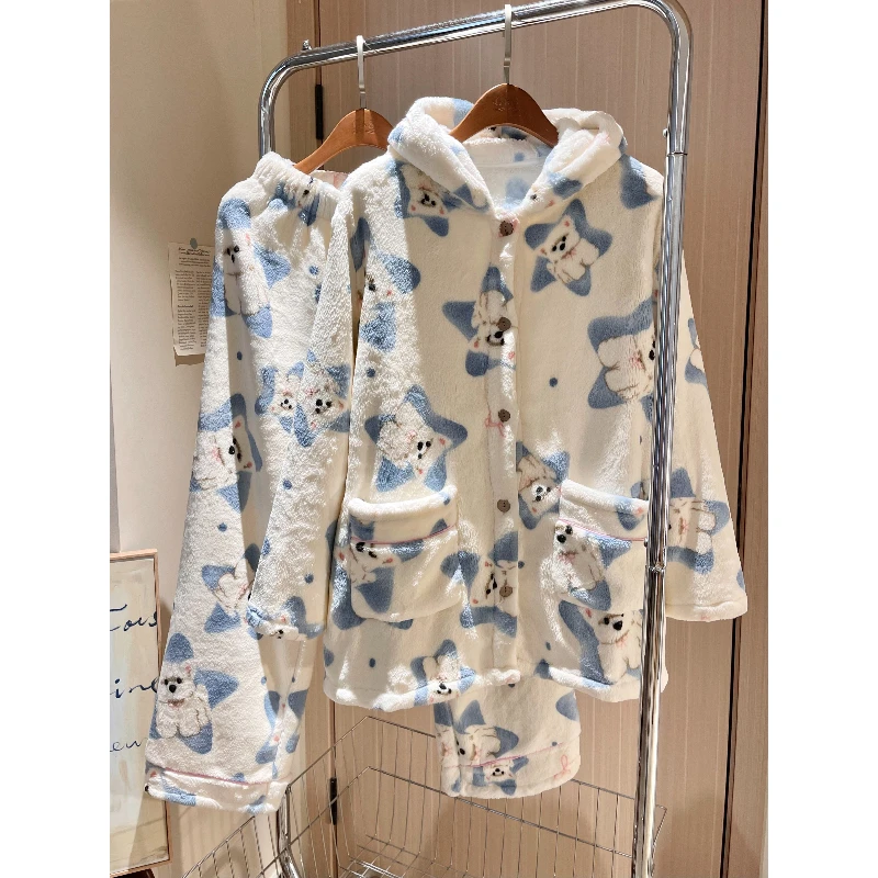 韩系甜美星星小狗珊瑚绒睡衣女冬季新款加厚保暖家居服套装可外穿