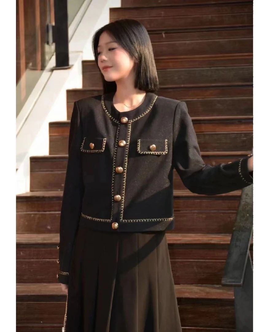 哥家圆领气质百搭小香外套黑色