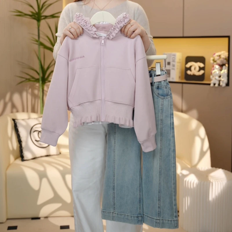 【糖宝魔豆】女童春装新款套装女孩时尚花边连帽卫衣+牛仔阔腿裤子