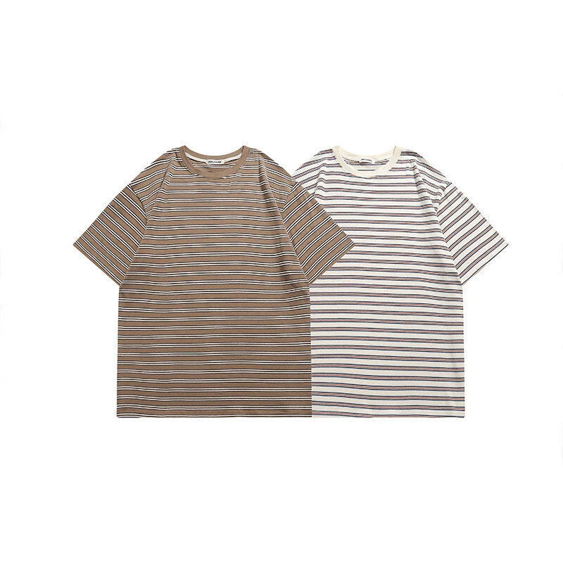 夏季新款宽条纹柔软纯棉短袖T恤日系复古系列男装上衣休闲