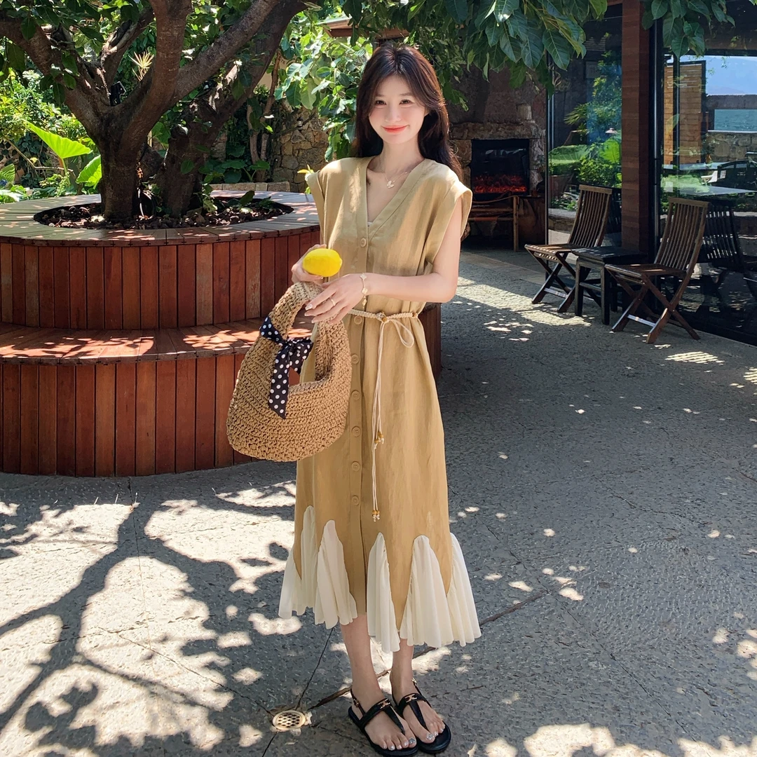 独特设计感卡其拼接连衣裙女2025年夏季新款高端洋气超好看长裙子