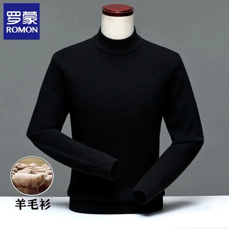 2025新款罗蒙男士毛衣休闲半高领纯色秋冬厚款羊毛针织加绒打底衫