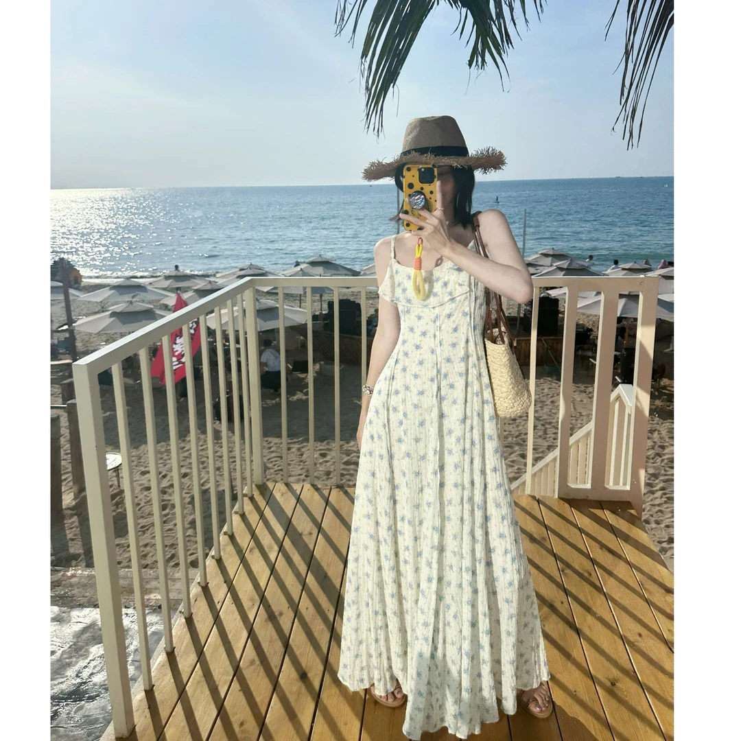 【晴空】海盐系清新碎花荷叶边吊带连衣裙海岛风高级感度假长裙
