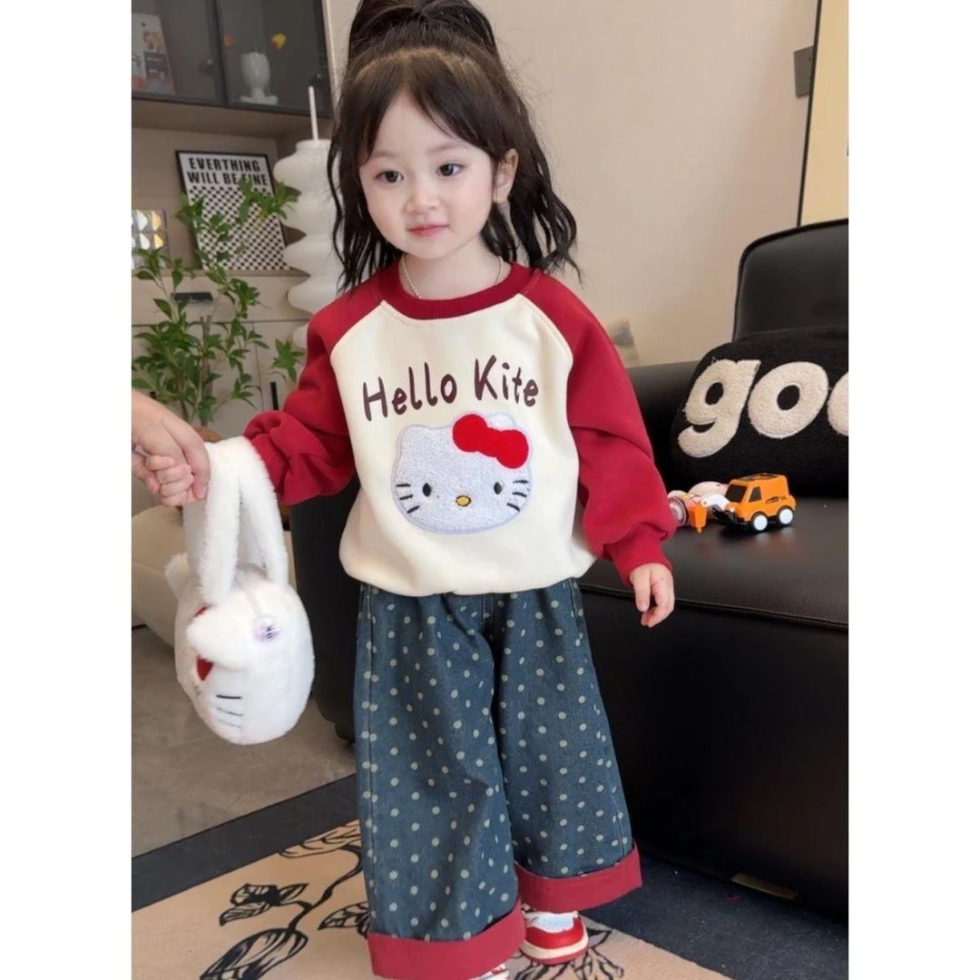 女童牛仔裤2025春宝宝新款翻边圆点小秋季幼儿园卫衣裤子套装春TX