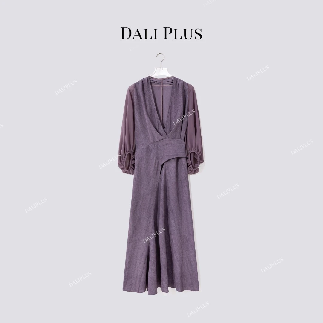 DALI PLUS“葡萄紫连衣裙”V领绑带收腰轻熟韵味连衣裙-D5ST1290