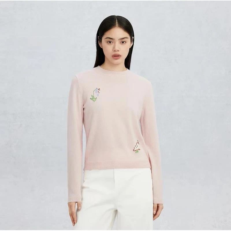 2417【多斯】新品小猫手绣提花女圆领纯毛衣5早春