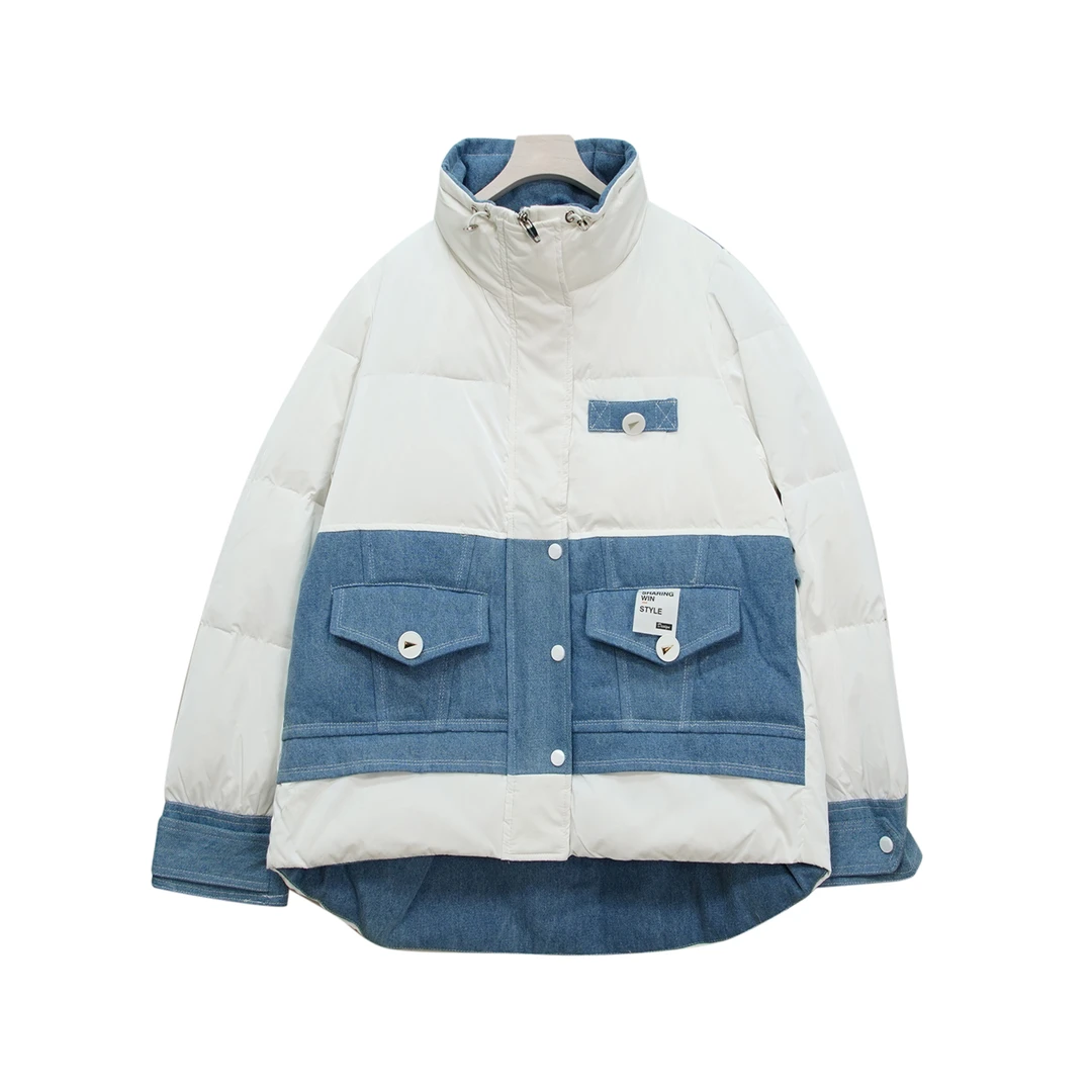 N057时尚米白色立领拼接牛仔口袋百搭外套
