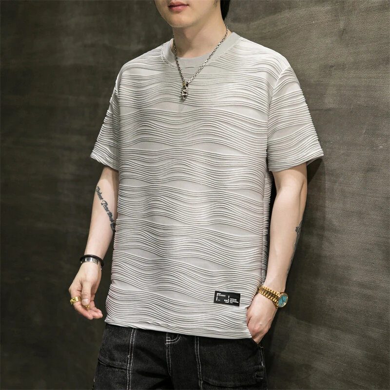 2025新款男士夏季青少年褶皱提花条纹韩版休闲短袖t恤男装