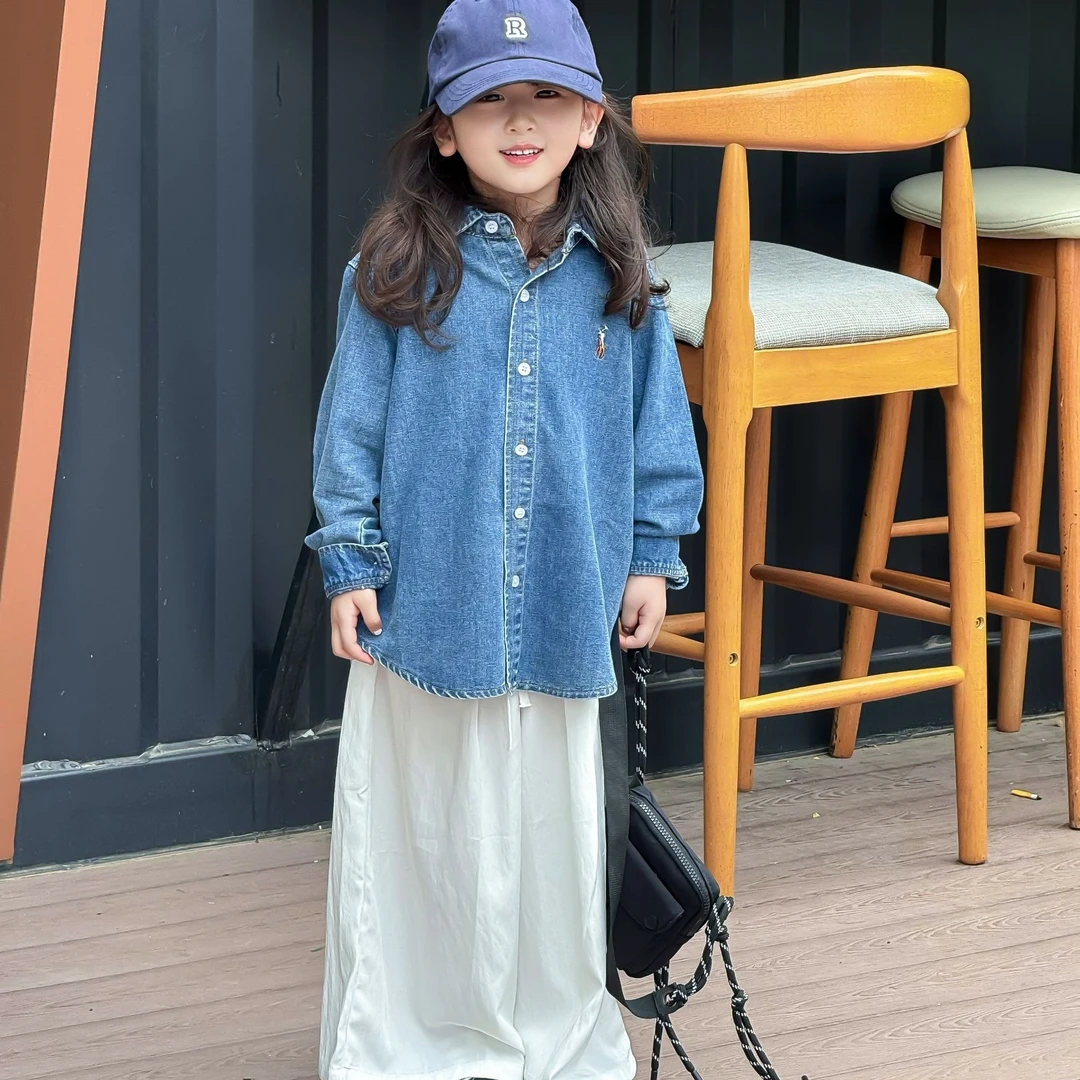 壹妈童装女童早秋复古牛仔衬衫洋气休闲宝宝蓝色刺绣上衣薄款宽松