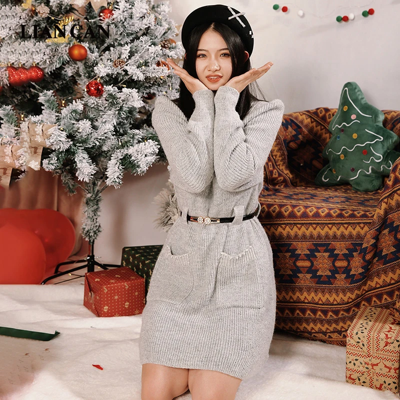 莲灿2024秋新波西米亚风时尚百搭圆领毛织长袖连衣裙71AN421001