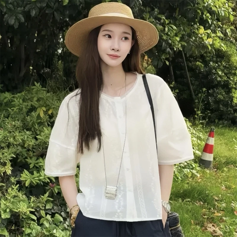 韩版纯色圆领宽松显瘦短袖衬衫女2025夏季新款休闲百搭设计感衬衣