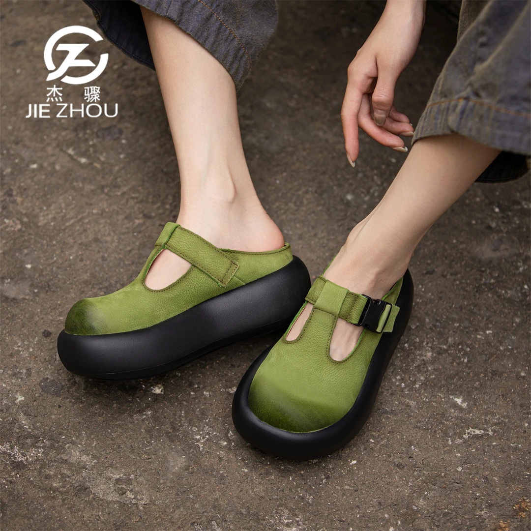 杰骤夏季真皮厚底拖鞋女外穿高级感包头半拖鞋英伦风圆头复古凉鞋