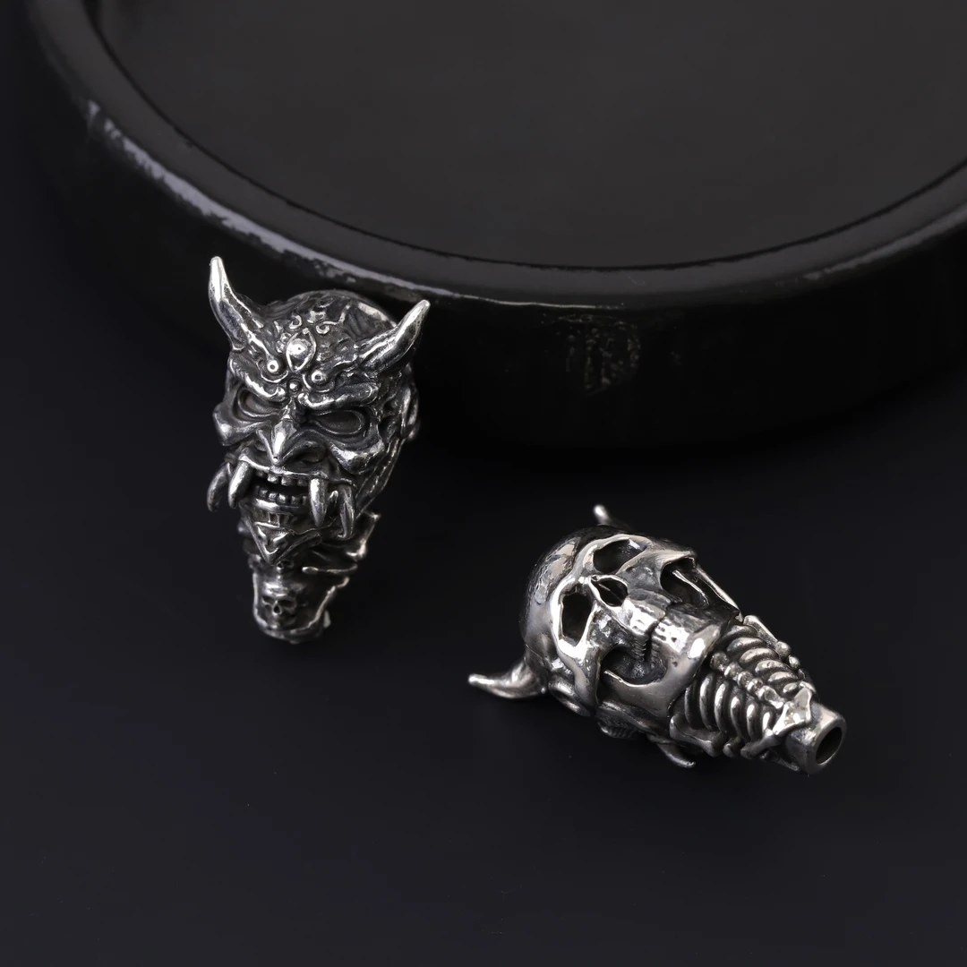 S8410 银般若双面三通佛头文玩把件DIY配件