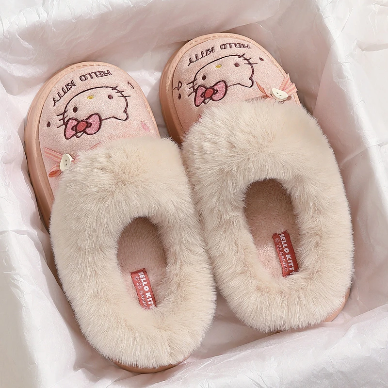 少女心KT猫勃肯棉拖鞋女款秋冬季外穿厚底防滑防臭加绒保暖毛毛拖