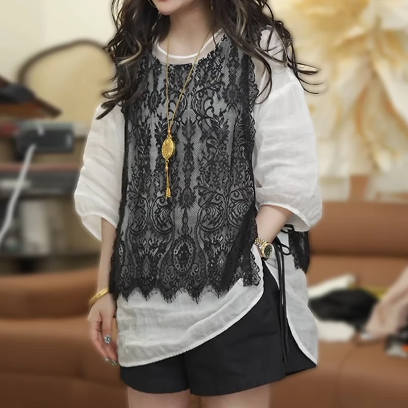 法式别致设计感假两件拼接蕾丝衬衫小众高级轻薄透气显瘦上衣女夏