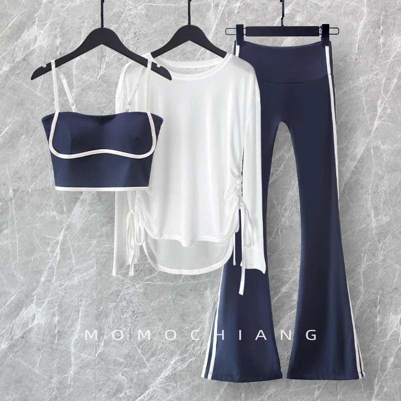 2025新款时尚条纹撞色瑜伽服套装女长袖修身显瘦速干运动健身