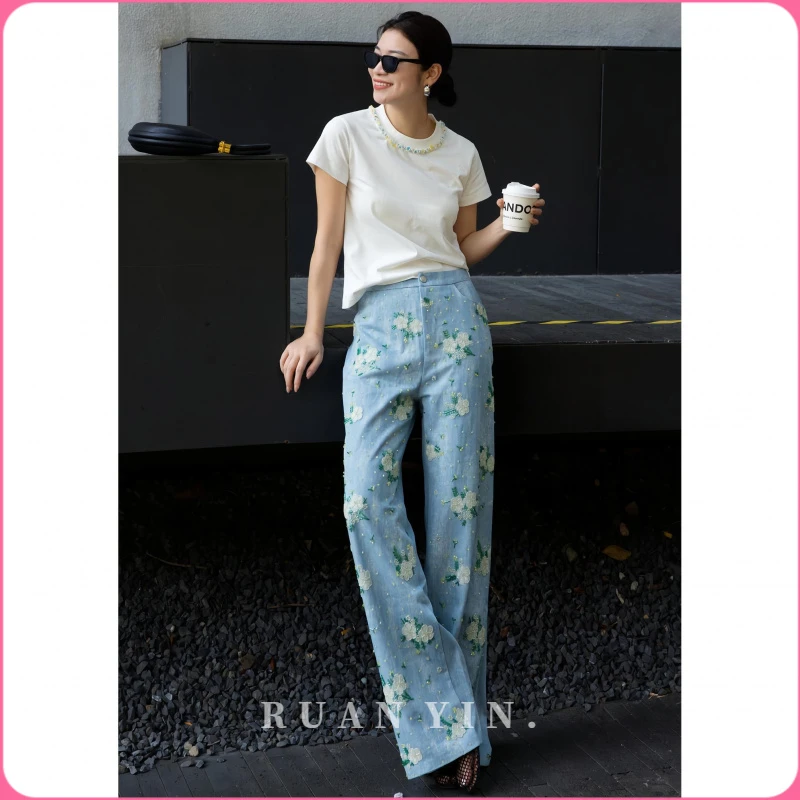 阮音时尚套装女夏季新款设计感美式复古风T恤牛仔裤休闲两件套女