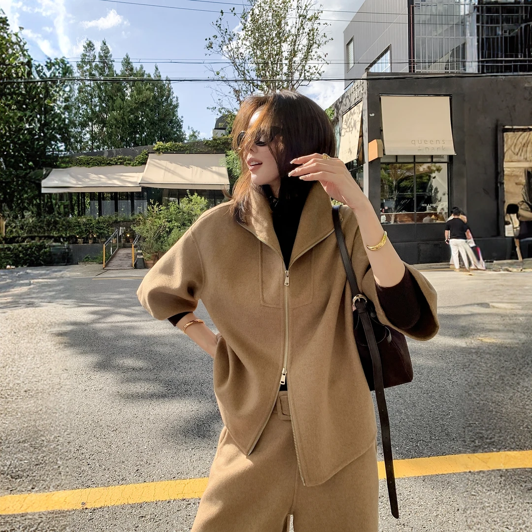 复古气质时尚咖色上衣外套套装女2025秋冬季新款百搭阔腿裤两件套