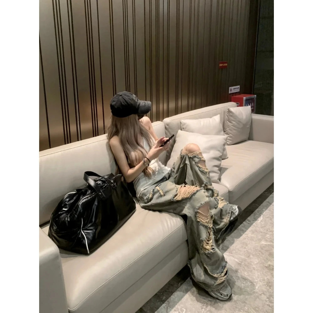 美式复古破洞小众牛仔裤女2025秋冬新款高腰显瘦垂感宽松直筒裤子