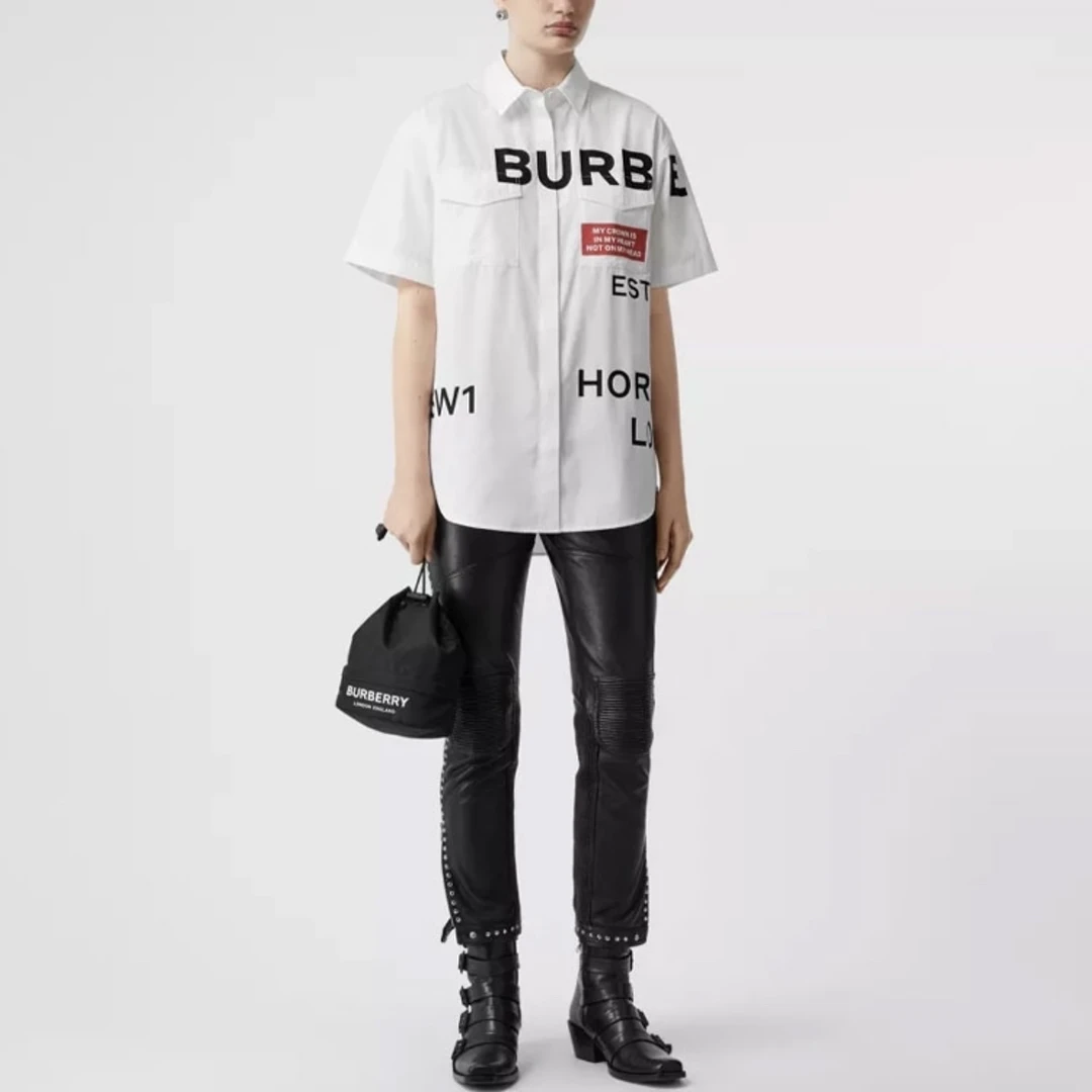 99新 BURBERRY/博柏利 010367 Logo印花弹幕短袖衬衫 38码