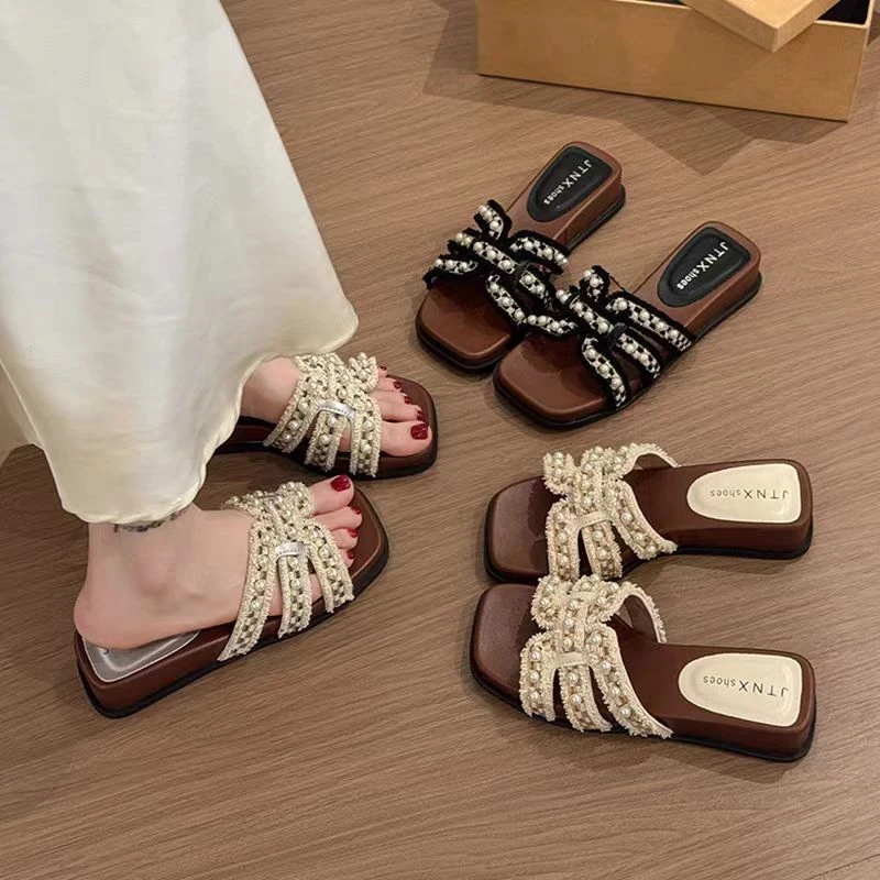 珍珠法式度假夏季外穿2025新款平底防滑配裙子温柔一字拖鞋K881