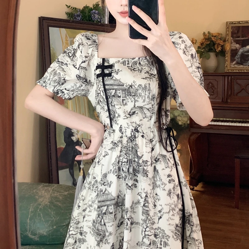 大码女装新中式复古油墨画方领短袖连衣裙夏收腰显瘦遮肚气质长裙