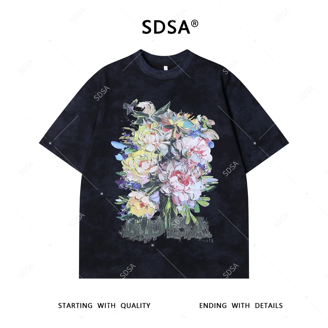 夏季高级感新款男士潮牌花卉字母印花设计短袖T恤显瘦痞帅上衣