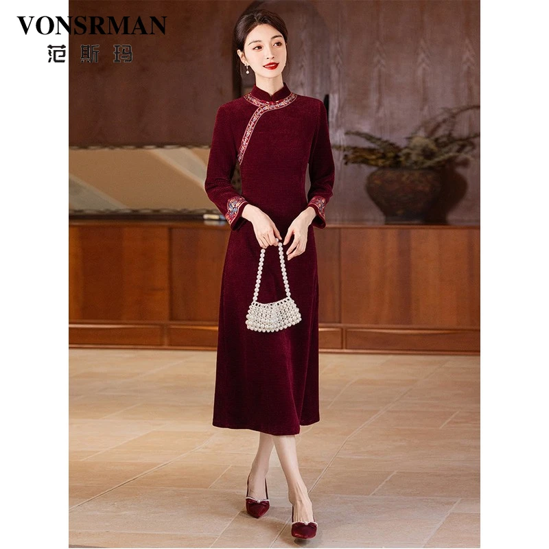 VONSRMAN新中式旗袍连衣裙2025秋冬新款时尚长袖红色婚宴礼服裙子