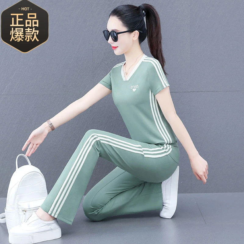 时尚休闲运动服套装女2025夏季新款洋气显瘦减龄短袖直筒裤两件套