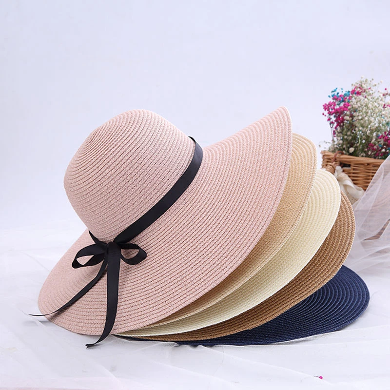 帽子女夏天大帽檐海边沙滩防晒草帽蝴蝶结韩版百搭遮阳帽出游度假