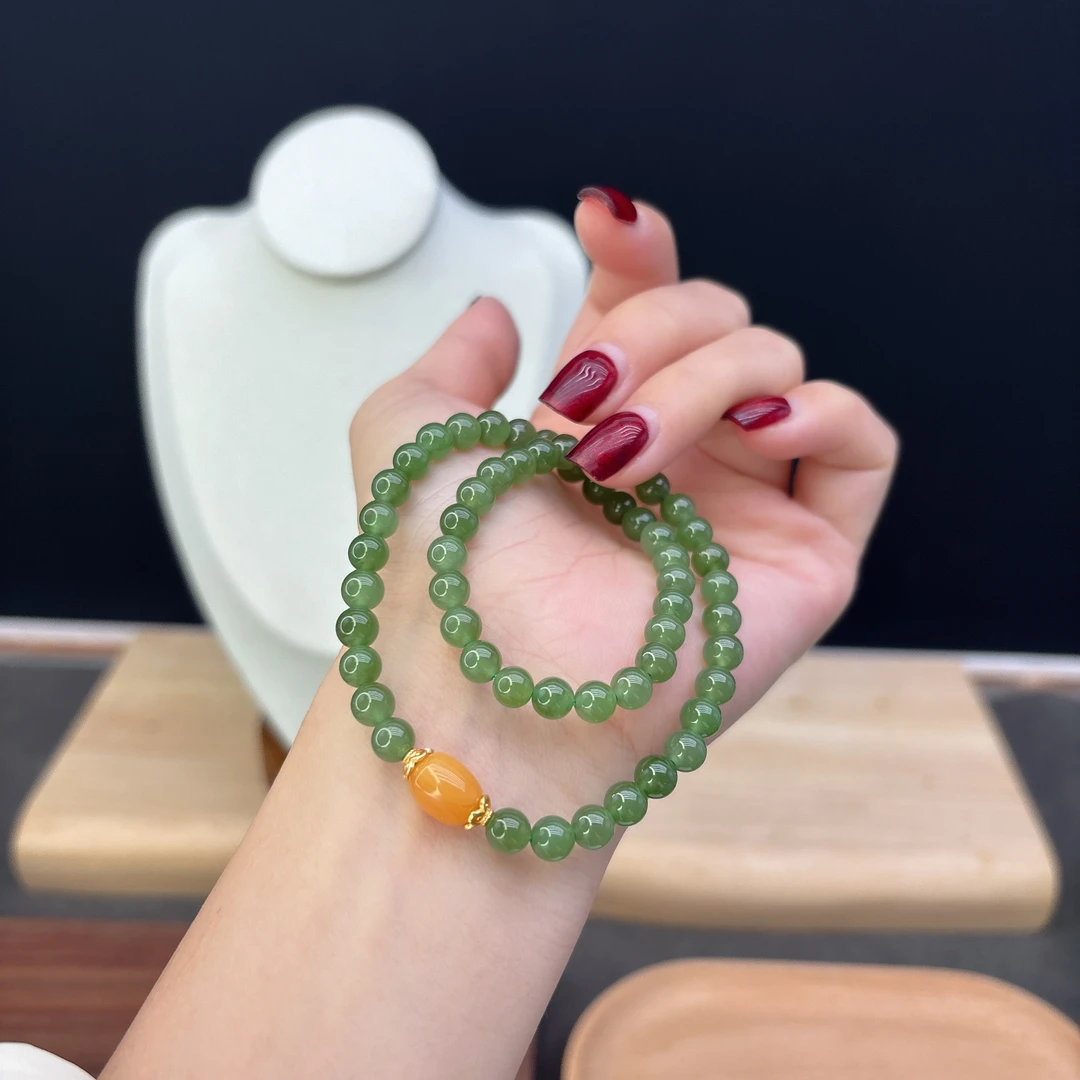 双圈和田玉碧玉卡6MM搭配枣珠路路通配饰手串大气显贵气Y628480