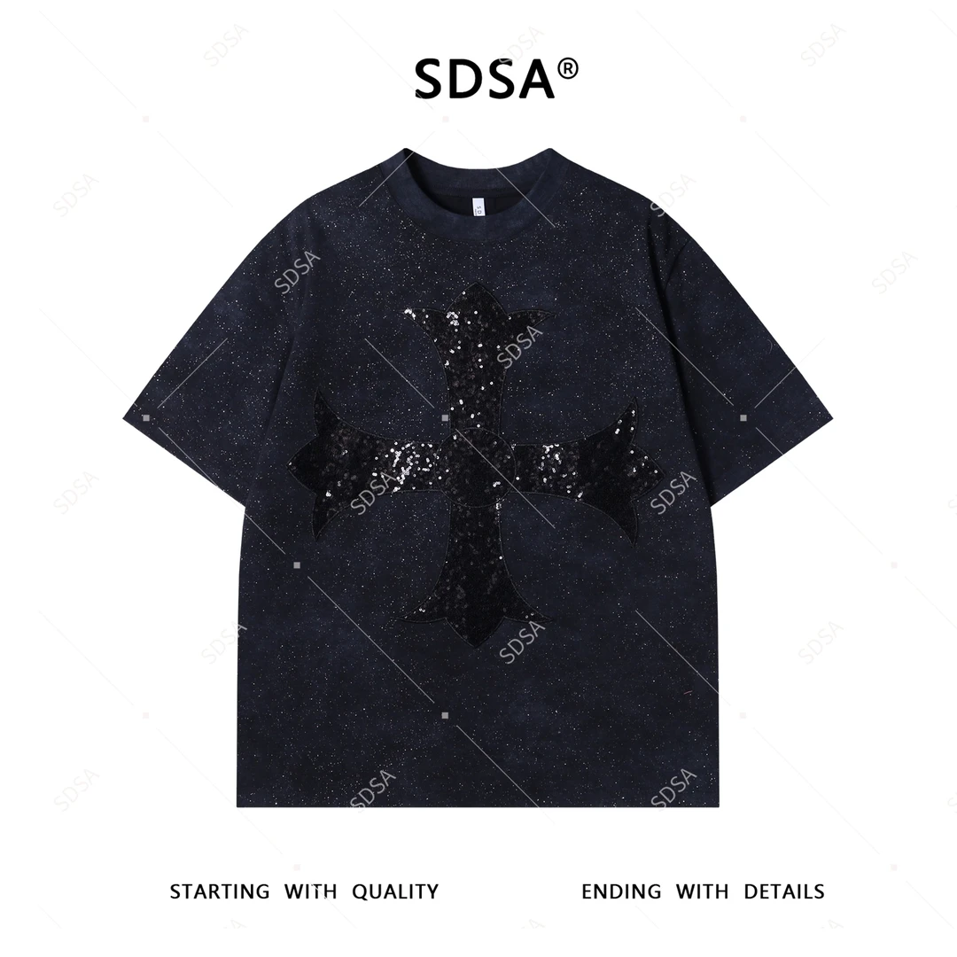 SDSA夏季新款男士痞帅美式胸前亮片十字圆领短袖T恤满天星百搭