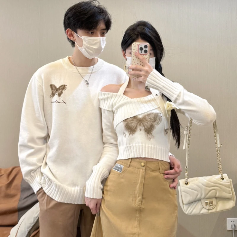 美式复古挂脖一字肩毛衣女秋冬新款情侣装辣妹上衣针织衫一长一短