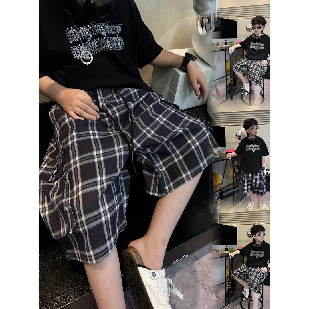 蛋蛋家【格子短裤】夏款时尚街头男童黑色格子休闲短裤