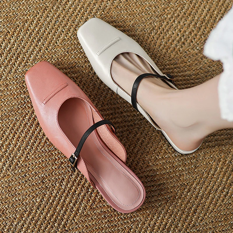 牛皮2.5cm真皮百搭拼色粗跟包头方头外穿拖鞋女轻奢懒人凉拖鞋子