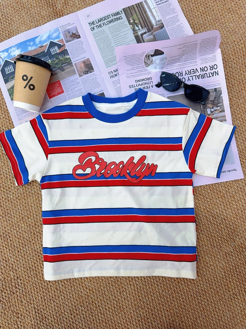 清爽条纹微弹韩版儿童短袖2025夏季新款中性百搭