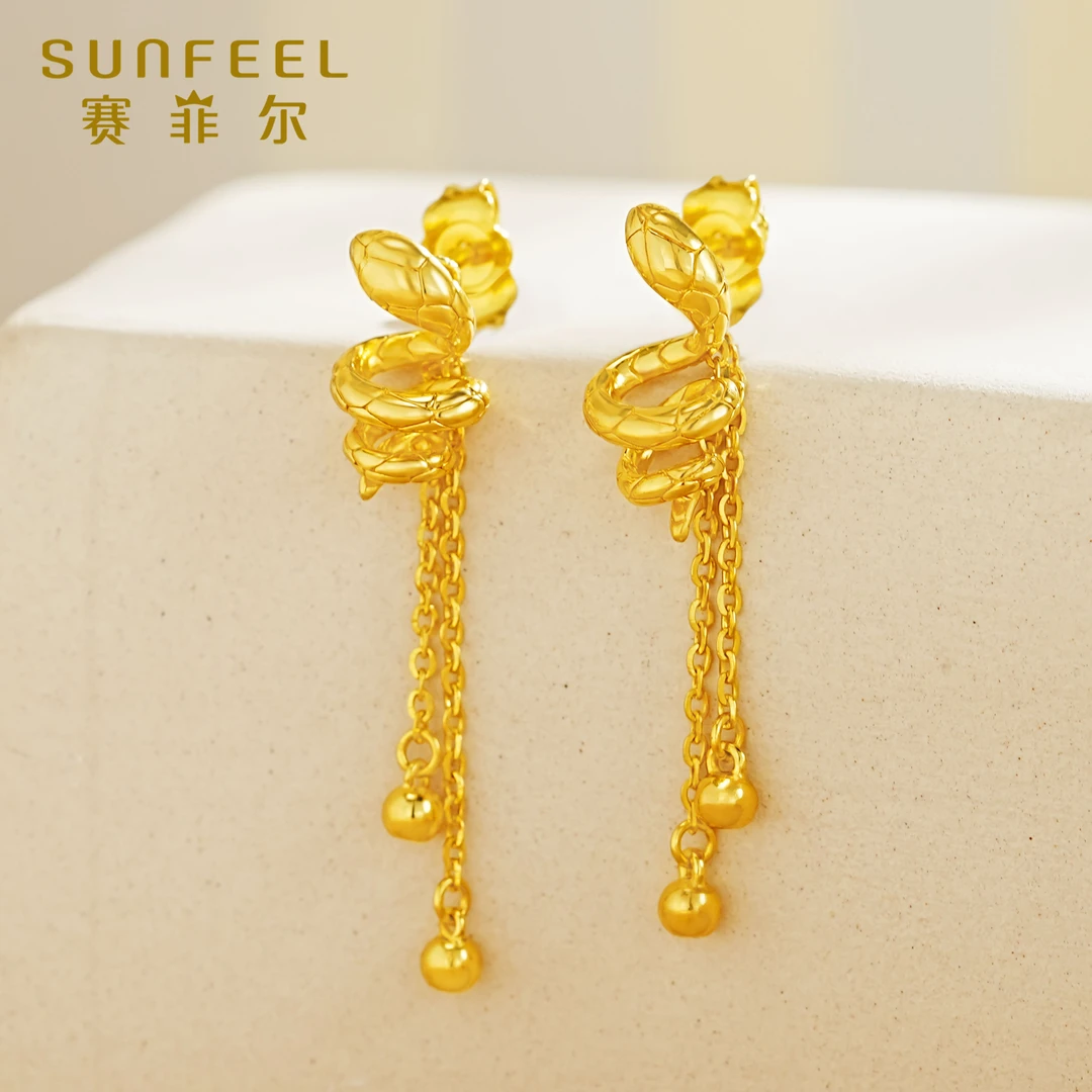赛菲尔5G精品足金999小灵蛇流苏黄金耳饰过年送礼5GES0510009